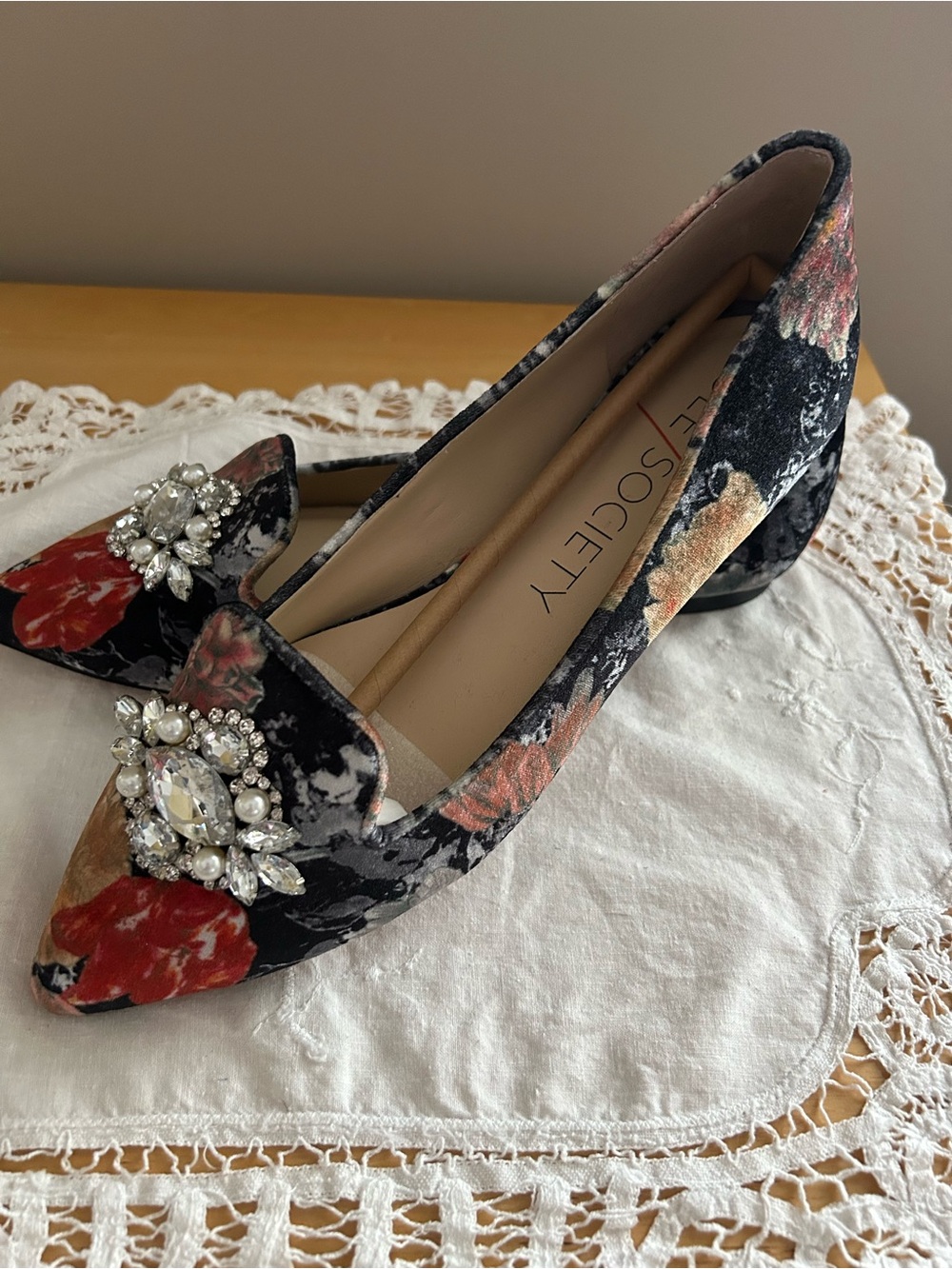 Sole Society Floral Pointed Toe Flats with Jeweled Brooch - Black, Red & Cream